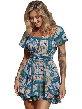 Women's Blue Summer Ruffle Short Sleeve Tie Back Square Neck A Line Jumpsuits